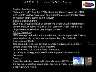 Product Positioning  – Nintendo’s SNES has the RPGs, Sega had the action games, 3DO was unable to develop a niche genre an...