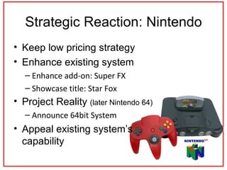 Strategic Reaction: Nintendo <ul><li>Keep low pricing strategy </li></ul><ul><li>Enhance existing system </li></ul><ul><ul...
