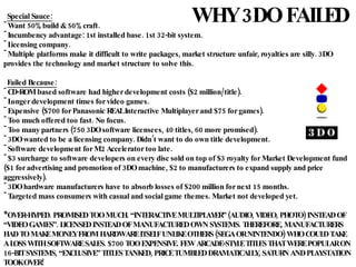 WHY 3DO FAILED <ul><li>Special Sauce: </li></ul><ul><li>Want 50% build & 50% craft. </li></ul><ul><li>Incumbency advantage...