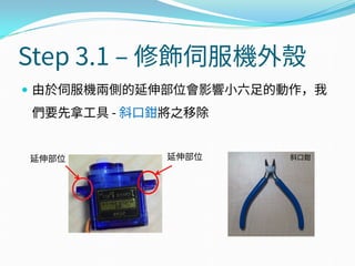 Step 3.1 – 修飾伺服機外殼
 由於伺服機兩側的延伸部位會影響小六足的動作，我
們要先拿工具 - 斜口鉗將之移除
延伸部位 斜口鉗延伸部位
 