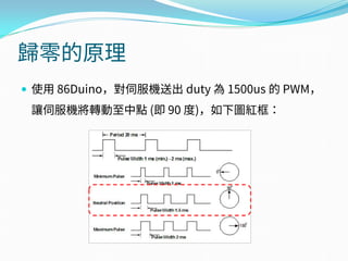  使用 86Duino，對伺服機送出 duty 為 1500us 的 PWM，
讓伺服機將轉動至中點 (即 90 度)，如下圖紅框：
歸零的原理
 