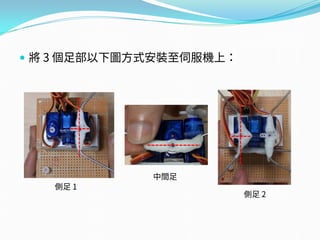  將 3 個足部以下圖方式安裝至伺服機上：
中間足
側足 2
側足 1
 