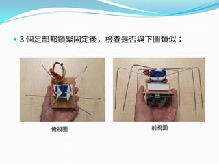  3 個足部都鎖緊固定後，檢查是否與下圖類似：
俯視圖 前視圖
 