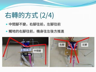 右轉的方式 (2/4)
 中間腳不變，右腳往前，左腳往前
 觸地的右腳往前，機身往左後方推進
右腳 左腳
中間腳
 