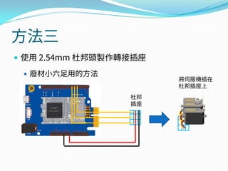 方法三
 使用 2.54mm 杜邦頭製作轉接插座
 廢材小六足用的方法
將伺服機插在
杜邦插座上
杜邦
插座
 