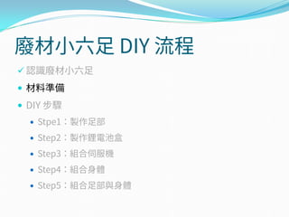 廢材小六足 DIY 流程
 認識廢材小六足
 材料準備
 DIY 步驟
 Stpe1：製作足部
 Step2：製作鋰電池盒
 Step3：組合伺服機
 Step4：組合身體
 Step5：組合足部與身體
 