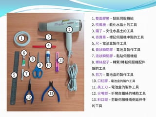 2
1
5
6
7
8
9
4
3
10
11
12
13
1. 雙面膠帶 – 黏貼伺服機組
2. 吹風機 – 軟化水晶土的工具
3. 鑷子 – 夾住水晶土的工具
4. 奇異筆 – 標記伺服機中點的工具
5. 尺 – 電池盒製作工具
6. 膏狀瞬間膠 – 電池盒製作工具
7. 液狀瞬間膠 – 黏貼伺服機組
8. 螺絲起子 – 轉緊/轉鬆伺服機配件
盤的工具
9. 剪刀 – 電池盒的製作工具
10. 口紅膠 – 電池盒的製作工具
11. 美工刀 – 電池盒的製作工具
12. 尖嘴鉗 – 折彎白鐵絲的補助工具
13. 斜口鉗 – 剪斷伺服機兩側延伸件
的工具
 
