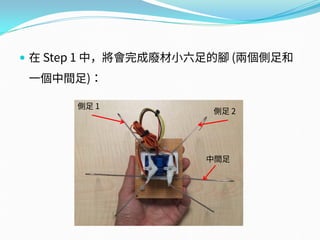  在 Step 1 中，將會完成廢材小六足的腳 (兩個側足和
一個中間足)：
中間足
側足 2
側足 1
 