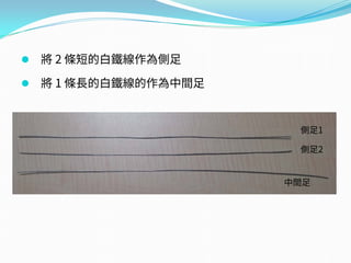  將 2 條短的白鐵線作為側足
 將 1 條長的白鐵線的作為中間足
側足1
側足2
中間足
 