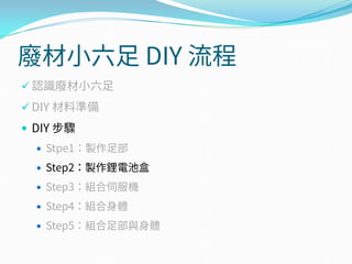 廢材小六足 DIY 流程
 認識廢材小六足
 DIY 材料準備
 DIY 步驟
 Stpe1：製作足部
 Step2：製作鋰電池盒
 Step3：組合伺服機
 Step4：組合身體
 Step5：組合足部與身體
 