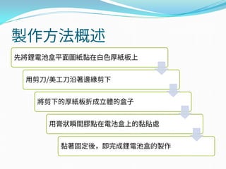 製作方法概述
先將鋰電池盒平面圖紙黏在白色厚紙板上
用剪刀/美工刀沿著邊緣剪下
將剪下的厚紙板折成立體的盒子
用膏狀瞬間膠點在電池盒上的黏貼處
黏著固定後，即完成鋰電池盒的製作
 
