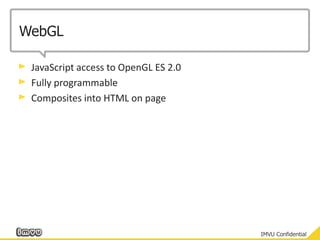 WebGLJavaScript access to OpenGL ES 2.0Fully programmableComposites into HTML on page