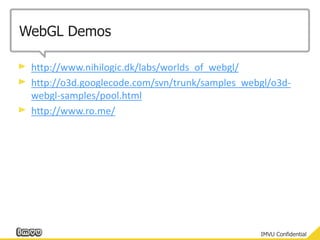 WebGL Demoshttp://www.nihilogic.dk/labs/worlds_of_webgl/http://o3d.googlecode.com/svn/trunk/samples_webgl/o3d-webgl-samples/pool.htmlhttp://www.ro.me/