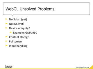 WebGL Unsolved ProblemsNo Safari (yet)No iOS(yet)Device ubiquity?Example: GMA 950Content storageFullscreenInput handling