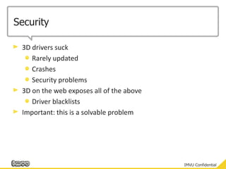 Security3D drivers suckRarely updatedCrashesSecurity problems3D on the web exposes all of the aboveDriver blacklistsImportant: this is a solvable problem