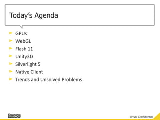 Today’s AgendaGPUsWebGLFlash 11Unity3DSilverlight 5Native ClientTrends and Unsolved Problems