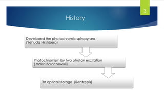 History 
Developed the photochromic spiropyrans 
(Yehuda Hirshberg) 
Photochromism by two photon excitation 
( Valeri Balachevskii) 
3d optical storage (Rentzepis) 
3 
 