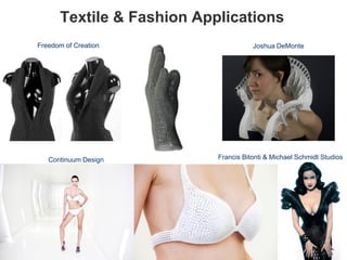 Textile & Fashion Applications
Continuum Design
Freedom of Creation
Francis Bitonti & Michael Schmidt Studios
Joshua DeMonte
 