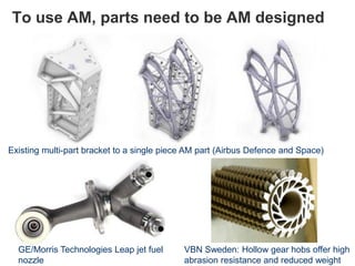 To use AM, parts need to be AM designed
GE/Morris Technologies Leap jet fuel
nozzle
VBN Sweden: Hollow gear hobs offer high
abrasion resistance and reduced weight
Existing multi-part bracket to a single piece AM part (Airbus Defence and Space)
 