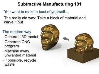 Subtractive Manufacturing 101
The really old way: Take a block of material and
carve it out
You want to make a bust of yourself...
The modern way
• Generate 3D model
• Generate CNC
program
• Machine away
unwanted material
• If possible, recycle
waste
 