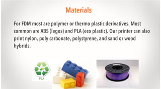 Materials
For FDM most are polymer or thermo plastic derivatives. Most
common are ABS (legos) and PLA (eco plastic). Our printer can also
print nylon, poly carbonate, polystyrene, and sand or wood
hybrids.

 