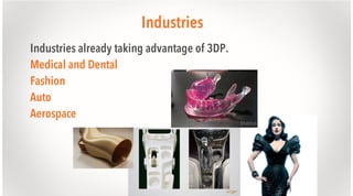 Industries
Industries already taking advantage of 3DP.
Medical and Dental
Fashion
Auto
Aerospace

 