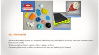 GE #3DPrintMyGift
- Prototypes designed by celebrities incl. weatherman Al Roker, host Stacy London, Red Sox pitcher Craig Breslow, and companies (CooperHewitt Museum, Spotify)
- Prototypes include penholders, key chains, iPhone 5 speakers, cat charm.
- Consumers pick a prototype for delivery and tweet their wish, along with the hashtag #3DPrintMyGift

 