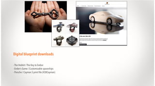 Digital blueprint downloads
- The Hobbit / The Key to Erebor
- Ender’s Game / Customizable spaceships
- Porsche / Cayman S print file (#3DCayman)

 