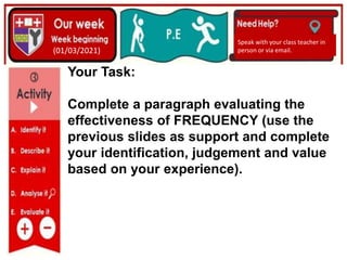 (01/06/2020)
(15/06/2020)
Mrs Shaw’s email
debbie.shaw@eastayrshire.org.uk
(01/03/2021)
Speak with your class teacher in
person or via email.
Your Task:
Complete a paragraph evaluating the
effectiveness of FREQUENCY (use the
previous slides as support and complete
your identification, judgement and value
based on your experience).
 