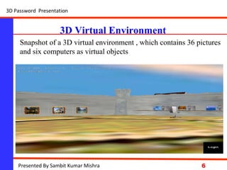 NationalInstituteofScience&Technology
6
3D Virtual Environment
3D Password Presentation
Presented By Sambit Kumar Mishra
Snapshot of a 3D virtual environment , which contains 36 pictures
and six computers as virtual objects
 