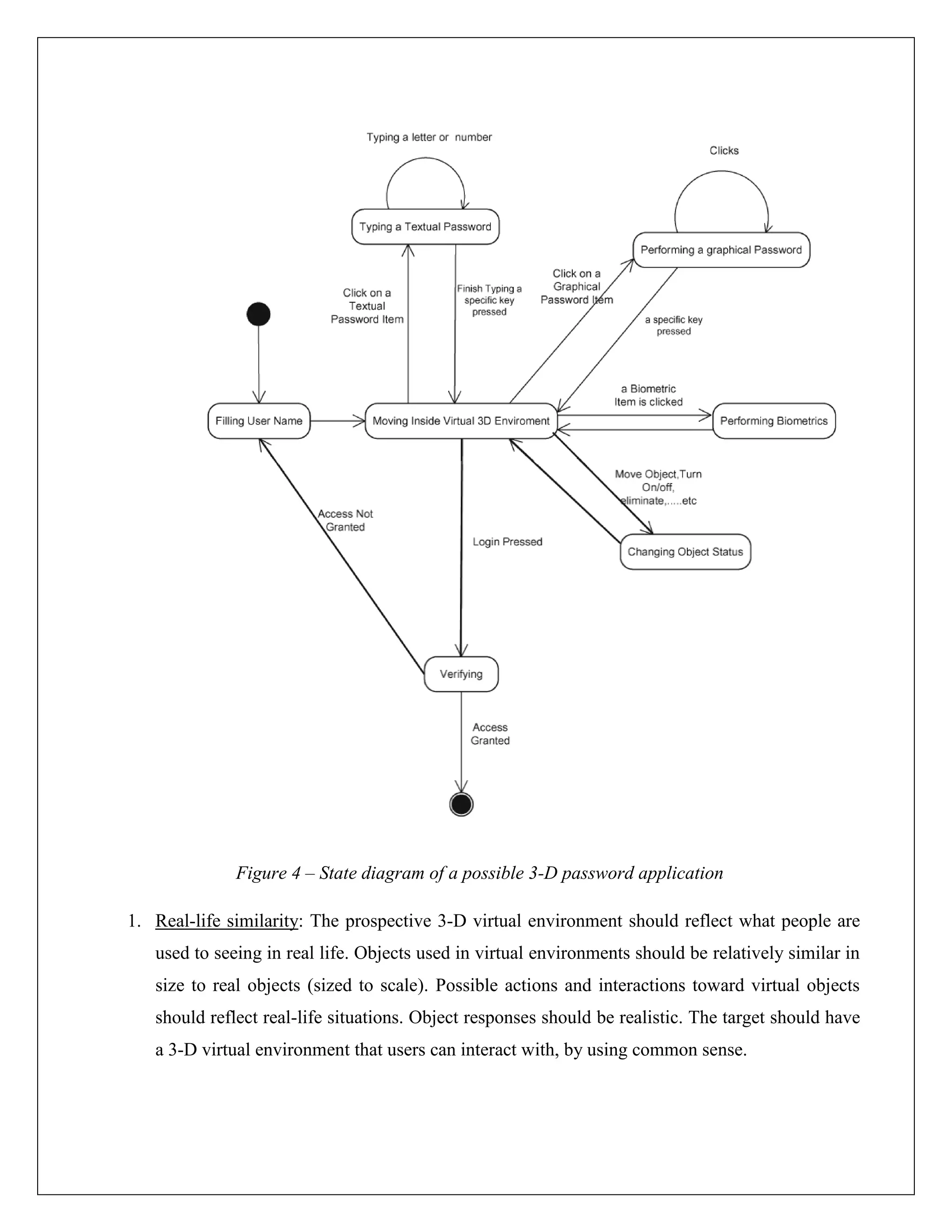 Figure 4 – State diagram of a possible 3-D password application

1. Real-life similarity: The prospective 3-D virtual environment should reflect what people are
   used to seeing in real life. Objects used in virtual environments should be relatively similar in
   size to real objects (sized to scale). Possible actions and interactions toward virtual objects
   should reflect real-life situations. Object responses should be realistic. The target should have
   a 3-D virtual environment that users can interact with, by using common sense.
 
