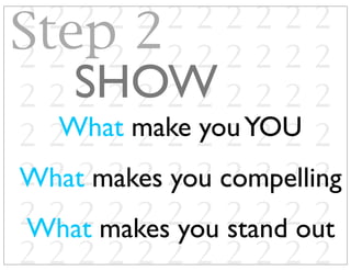2 2 2 2 2 2 2 2 2 2 2
2 2 2 2 2 2 2 2 2 2 2
2 2 2 2 2 2 2 2 2 2 2
2 2 2 2 2 2 2 2 2 2 2
2 2 2 2 2 2 2 2 2 2 2
2 2 2 2 2 2 2 2 2 2 2
2 2 2 2 2 2 2 2 2 2 2
What make youYOU
SHOW
What makes you compelling
What makes you stand out
Step 2
 