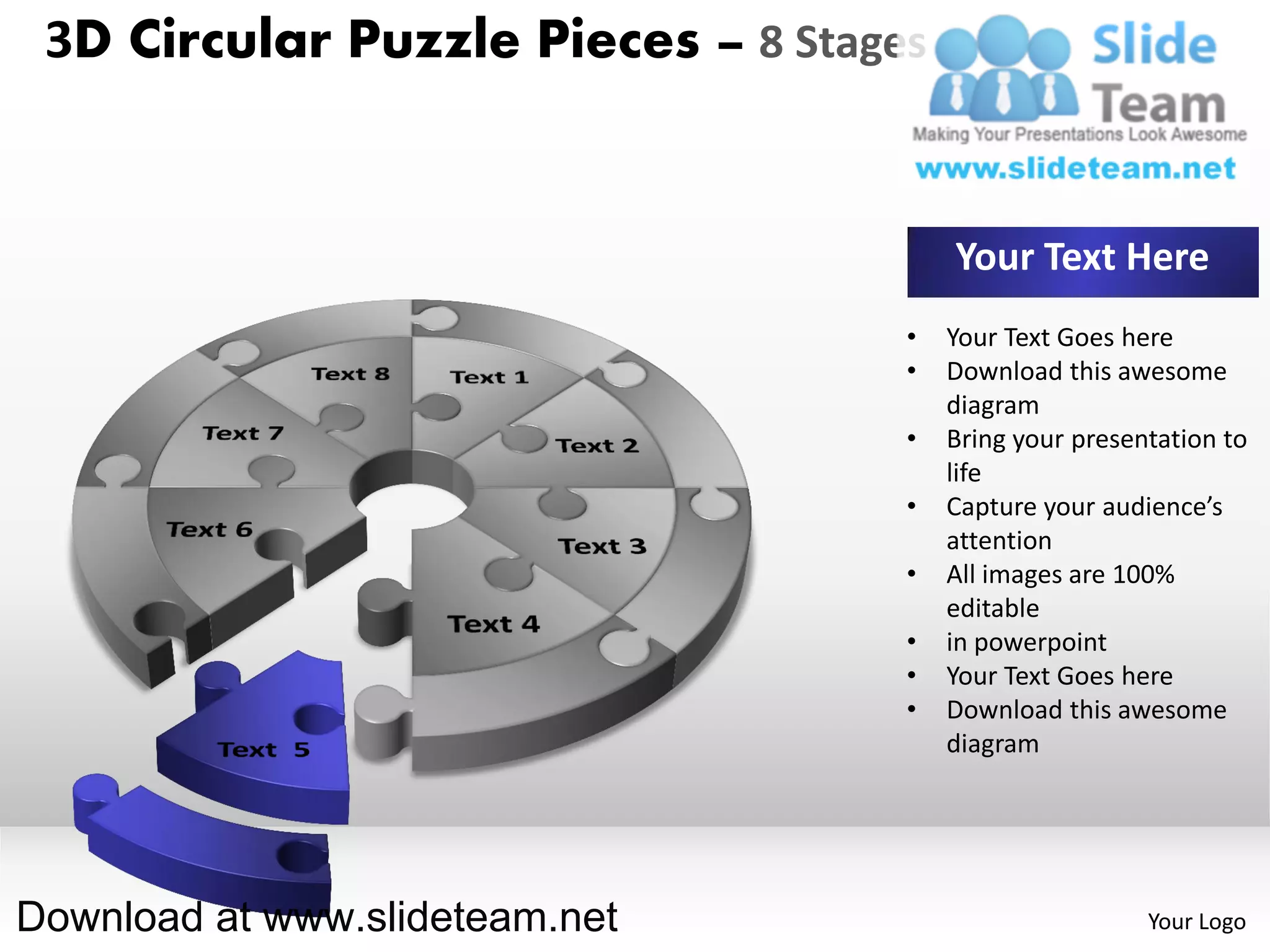 3D Circular Puzzle Pieces – 8 Stages


                                        Your Text Here
                                    •   Your Text Goes here
                                    •   Download this awesome
                                        diagram
                                    •   Bring your presentation to
                                        life
                                    •   Capture your audience’s
                                        attention
                                    •   All images are 100%
                                        editable
                                    •   in powerpoint
                                    •   Your Text Goes here
                                    •   Download this awesome
                                        diagram




Download at www.slideteam.net                            Your Logo
 