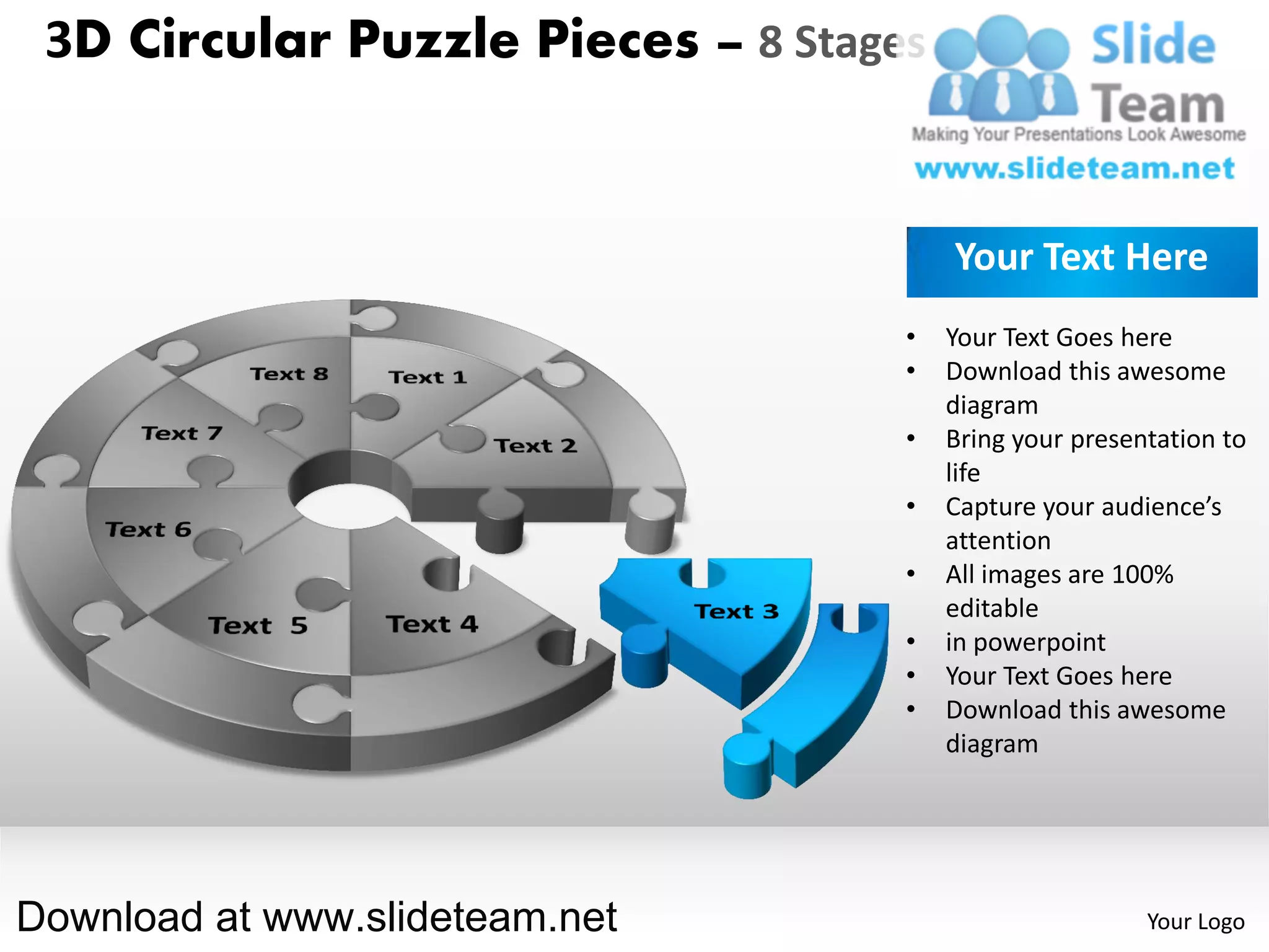 3D Circular Puzzle Pieces – 8 Stages


                                        Your Text Here
                                    •   Your Text Goes here
                                    •   Download this awesome
                                        diagram
                                    •   Bring your presentation to
                                        life
                                    •   Capture your audience’s
                                        attention
                                    •   All images are 100%
                                        editable
                                    •   in powerpoint
                                    •   Your Text Goes here
                                    •   Download this awesome
                                        diagram




Download at www.slideteam.net                            Your Logo
 