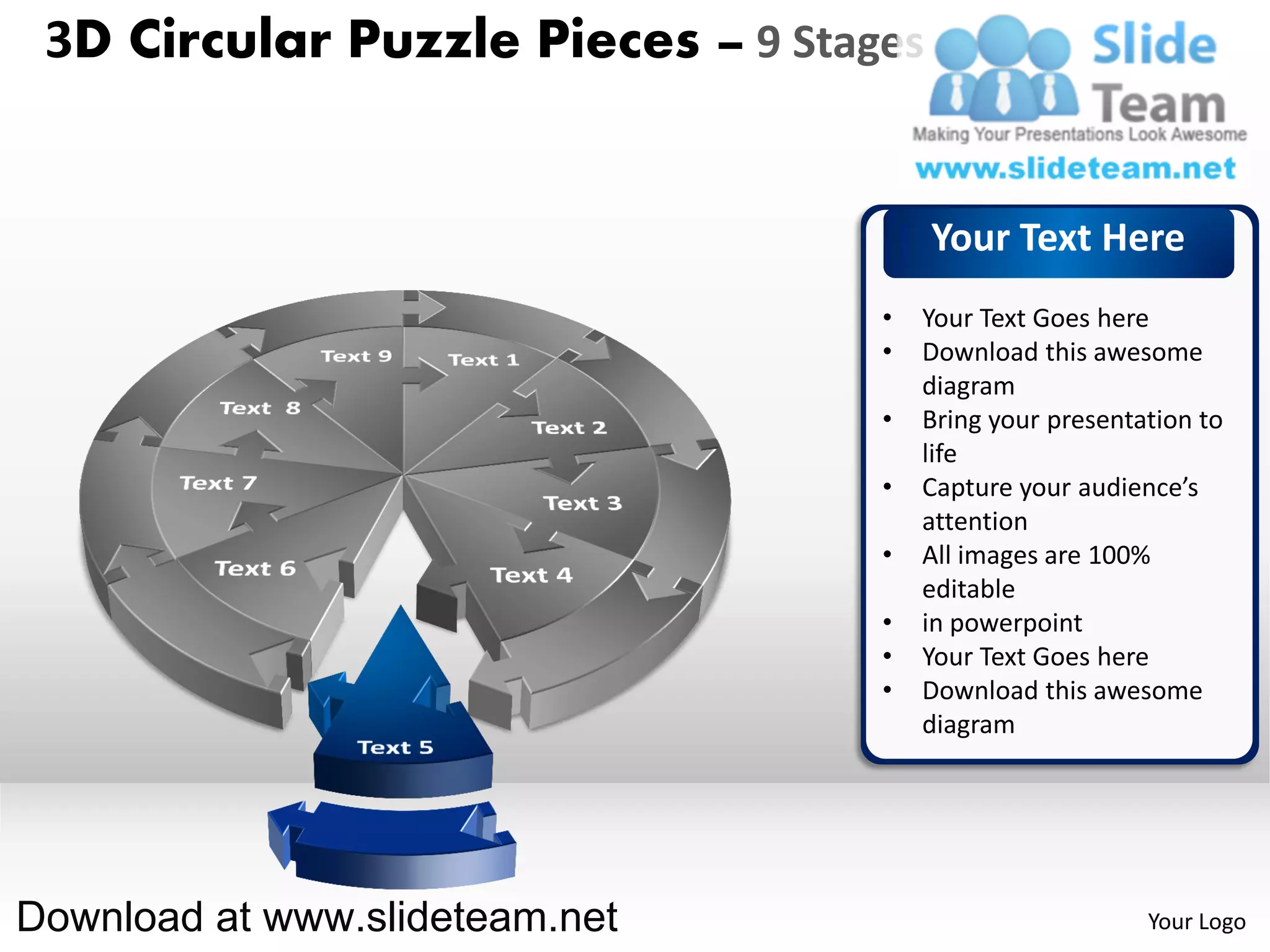 3D Circular Puzzle Pieces – 9 Stages


                                        Your Text Here
                                   •   Your Text Goes here
                                   •   Download this awesome
                                       diagram
                                   •   Bring your presentation to
                                       life
                                   •   Capture your audience’s
                                       attention
                                   •   All images are 100%
                                       editable
                                   •   in powerpoint
                                   •   Your Text Goes here
                                   •   Download this awesome
                                       diagram




Download at www.slideteam.net                             Your Logo
 