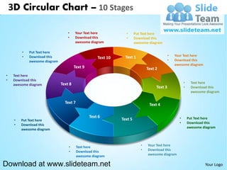3D Circular Chart – 10 Stages

                                   •    Your Text here           •      Put Text here
                                   •    Download this            •      Download this
                                        awesome diagram                 awesome diagram

         •   Put Text here
         •   Download this                                       Text 1                      •   Your Text here
                                                     Text 10
             awesome diagram                                                                 •   Download this
                                                                                                 awesome diagram
                                        Text 9                                 Text 2
•    Text here
•    Download this
                               Text 8                                                                  •     Text here
     awesome diagram
                                                                                    Text 3             •     Download this
                                                                                                             awesome diagram

                                 Text 7                                         Text 4

                                                 Text 6                                            •       Put Text here
     •   Put Text here                                         Text 5
                                                                                                   •       Download this
     •   Download this
                                                                                                           awesome diagram
         awesome diagram



                                   •      Text here                        •   Your Text here
                                   •      Download this                    •   Download this
                                          awesome diagram                      awesome diagram

Download at www.slideteam.net                                                                                       Your Logo
 