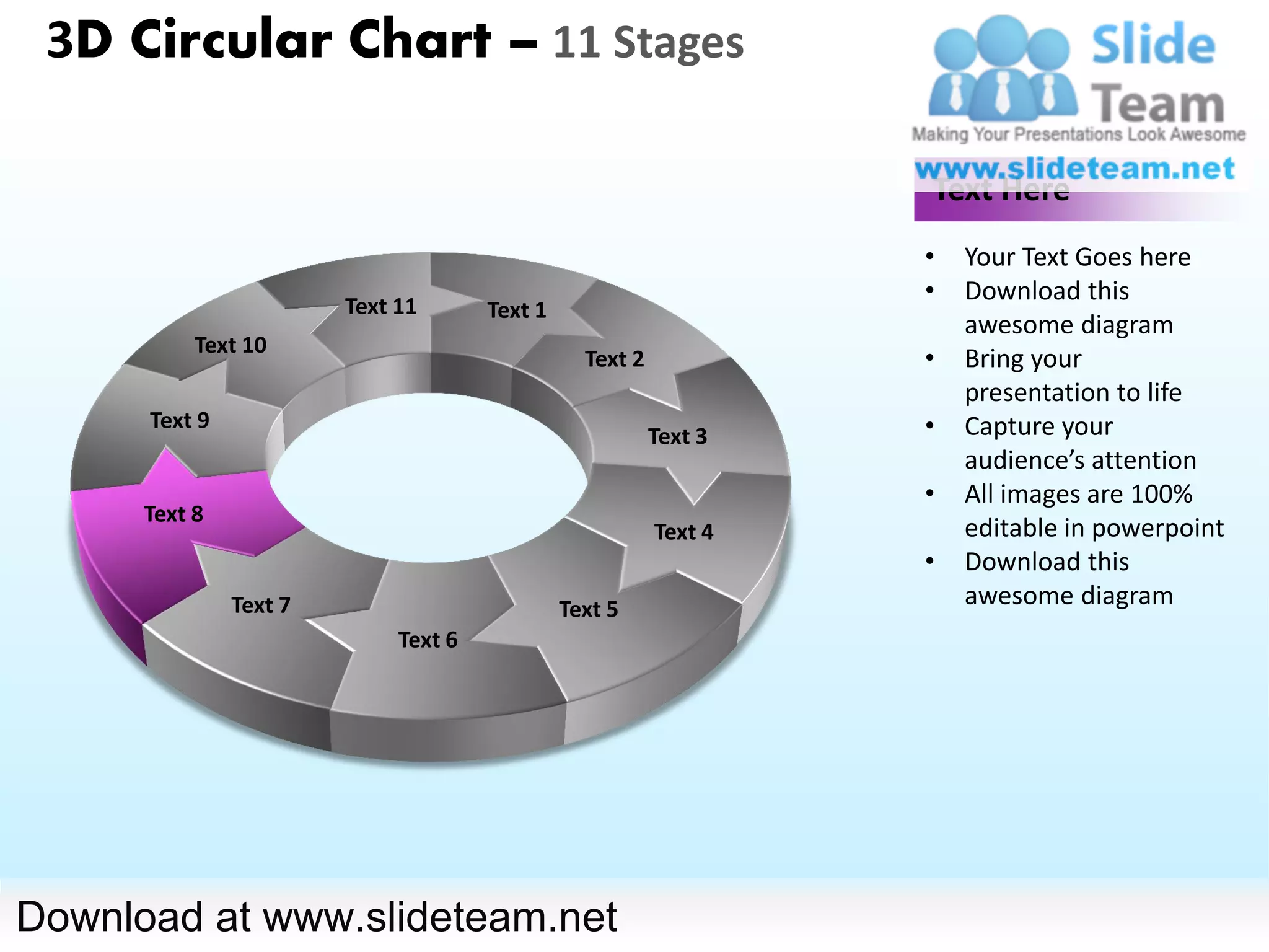 3D Circular Chart – 11 Stages

                                                                   Text Here
                                                                   •   Your Text Goes here
                                                                   •   Download this
                        Text 11       Text 1
                                                                       awesome diagram
           Text 10
                                                 Text 2            •   Bring your
                                                                       presentation to life
      Text 9                                                       •   Capture your
                                                          Text 3
                                                                       audience’s attention
                                                                   •   All images are 100%
      Text 8
                                                          Text 4       editable in powerpoint
                                                                   •   Download this
               Text 7                          Text 5
                                                                       awesome diagram
                             Text 6




Download at www.slideteam.net
 