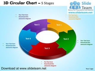 3D Circular Chart – 5 Stages

                  •     Your Text here                                              •      Put Text here
                  •     Download this                                               •      Download this
                        awesome diagram                                                    awesome diagram


                                          Text 5                         Text 1




                                Text 4                                            Text 2
                                                                                                      •   Your Text here
                                                                                                      •   Download this
 •    Your Text here                                                                                      awesome diagram
 •    Download this
      awesome diagram
                                                       Text 3




                                                   •   Put Text here
                                                   •   Download this
                                                       awesome diagram

Download at www.slideteam.net                                                                                   Your Logo
 