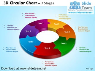 3D Circular Chart – 7 Stages

                            •   Your Text here
                            •   Download this                           •    Put Text here
                                awesome diagram                         •    Download this
                                                                             awesome diagram


                                                  Text 7              Text 1
     •    Text here
     •    Download this                                                                        •       Your Text here
          awesome diagram                                                                      •       Download this
                                Text 6                                                                 awesome diagram
                                                                                    Text 2



                                    Text 5
                                                                                Text 3

 •       Your Text here                                    Text 4                                  •    Text here
 •       Download this                                                                             •    Download this
         awesome diagram                                                                                awesome diagram




                                                      •    Put Text here
                                                      •    Download this
                                                           awesome diagram

Download at www.slideteam.net                                                                                   Your Logo
 
