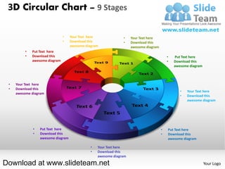 3D Circular Chart – 9 Stages

                                •   Your Text here              •    Your Text here
                                •   Download this               •    Download this
                                    awesome diagram                  awesome diagram
          •   Put Text here
          •   Download this                                                                •   Put Text here
              awesome diagram                                                              •   Download this
                                                                                               awesome diagram



 •   Your Text here
 •   Download this
                                                                                                  •   Your Text here
     awesome diagram
                                                                                                  •   Download this
                                                                                                      awesome diagram




              •   Put Text here                                                        •   Put Text here
              •   Download this                                                        •   Download this
                  awesome diagram                                                          awesome diagram

                                               •   Your Text here
                                               •   Download this
                                                   awesome diagram

Download at www.slideteam.net                                                                                    Your Logo
 