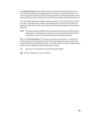 The Particle Animator will animate the particle colors as they age. The particles will 
start off white, darkening through yellow and orange as our virtual jet cools. Since 
we're going to be rendering a texture into each particle, the Particle Animator will be 
used to tint this particle, so the color animation will be subtle, but hopefully effective. 

The color picker dialog which appears when you click on a color also offers an “Opac­
ity” slider. The table shown with the color settings also include this as, by reducing 
opacity through the animation cycle, the particle 'flames' will appear to fade away as 
they cool.

NOTE  The Opacity setting modifies the Alpha channel of the particle, defining how 
      transparent it is. The particle material we use already includes alpha channel 
      information, which is then modified further by the Opacity setting. 

Next is the Particle Renderer. This Component draws each particle, so it needs to be 
told how the particles will appear. It also defines the material to use to render each 
particle. We want a flame­like jet effect, so we shall use the “fire add” material, which 
can be found in: Particles­>Sources­>Materials­>fire add 

TIP     This asset is also included in the Standard Assets folder.

       Set this component's values as follows:




                                                                                        25
 