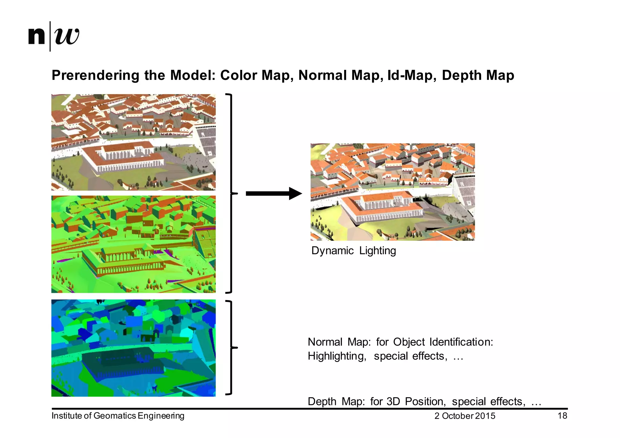 2  October  2015Institute  of  Geomatics  Engineering 18 Prerendering the  Model:  Color  Map,  Normal  Map,  Id-­Map,  Depth  Map Dynamic   Lighting Normal   Map:   for  Object  Identification:   Highlighting,   special  effects,   … Depth   Map:   for  3D  Position,   special  effects,   …   