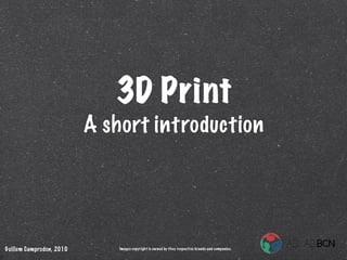 3D Print
                          A short introduction




Guillem Camprodon, 2010       Images copyright is owned by they respective brands and companies.
 