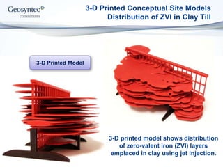 3-D Printed Conceptual Site Models
Distribution of ZVI in Clay Till
3-D Printed Model
3-D printed model shows distribution
of zero-valent iron (ZVI) layers
emplaced in clay using jet injection.
 