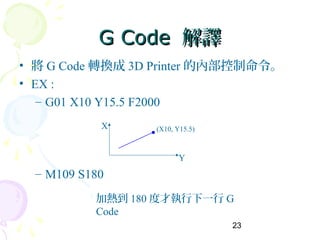 23
G CodeG Code 解譯解譯
• 將 G Code 轉換成 3D Printer 的內部控制命令。
• EX :
– G01 X10 Y15.5 F2000
– M109 S180
(X10, Y15.5)X
Y
加熱到 180 度才執行下一行 G
Code
 