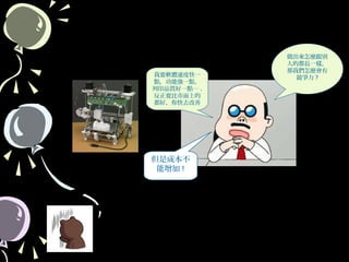 54
做出來怎麼跟別
人的都長一樣，
那我們怎麼會有
競爭力 ?我要軟體速度快一
點，功能強一點，
列印品質好一點… .
反正要比市面上的
都好，你快去改善
但是成本不
能增加 !
 