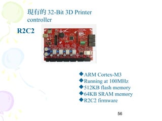 56
現有的 32-Bit 3D Printer
controller
R2C2
ARM Cortex-M3
Running at 100MHz
512KB flash memory
64KB SRAM memory
R2C2 firmware
 
