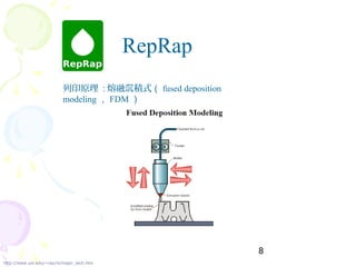 8
RepRap
列印原理 : 熔融 積式沉 （ fused deposition
modeling ， FDM ）
http://www.uni.edu/~rao/rt/major_tech.htm
 
