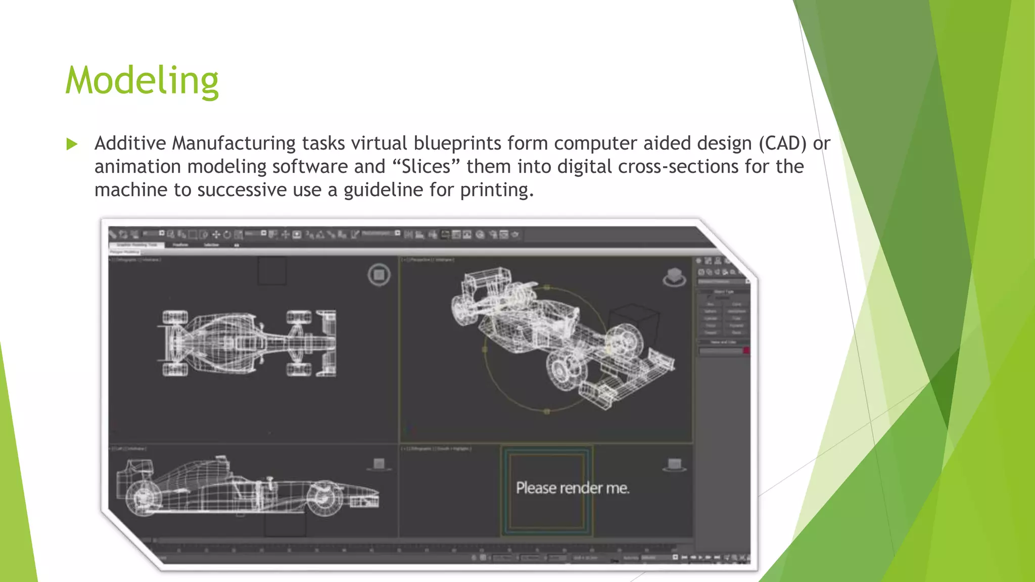 Modeling
 Additive Manufacturing tasks virtual blueprints form computer aided design (CAD) or
animation modeling software and “Slices” them into digital cross-sections for the
machine to successive use a guideline for printing.
 
