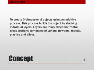 Concept
To create 3-dimensional objects using an additive
process. This process builds the object by stacking
individual layers. Layers are thinly sliced horizontal
cross sections composed of various powders, metals,
plastics and alloys.
3
BLACK ARBS
 